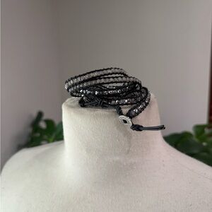 Victoria Emerson Black Leather Crystal Wrap Bracelet